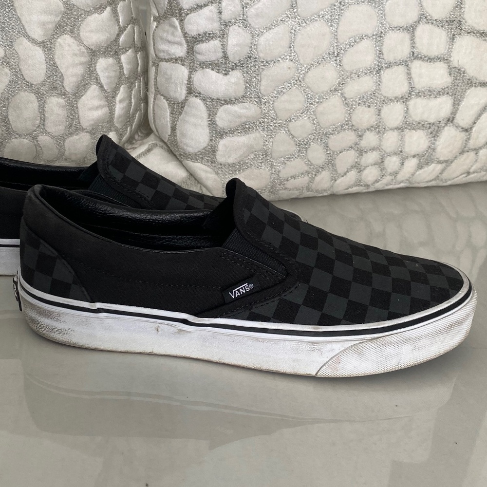 Black and Gray checkered van slide ons